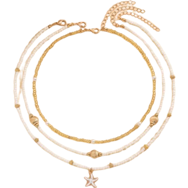SHEIN 3pcs/Set Rice Bead Faux Pearl Linked Gold Starfish & Shell Necklace, Handmade Minimalist Jewelry For Women, Suitable For Daily Wear And Beach Vacation