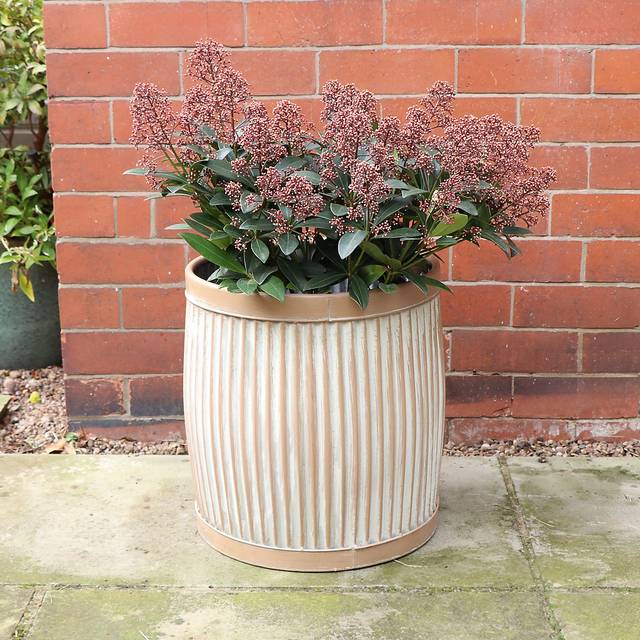 Large Round Metal Rustic Textured Stone Effect Planter Pot - 40cm x 37cm Material: Garden