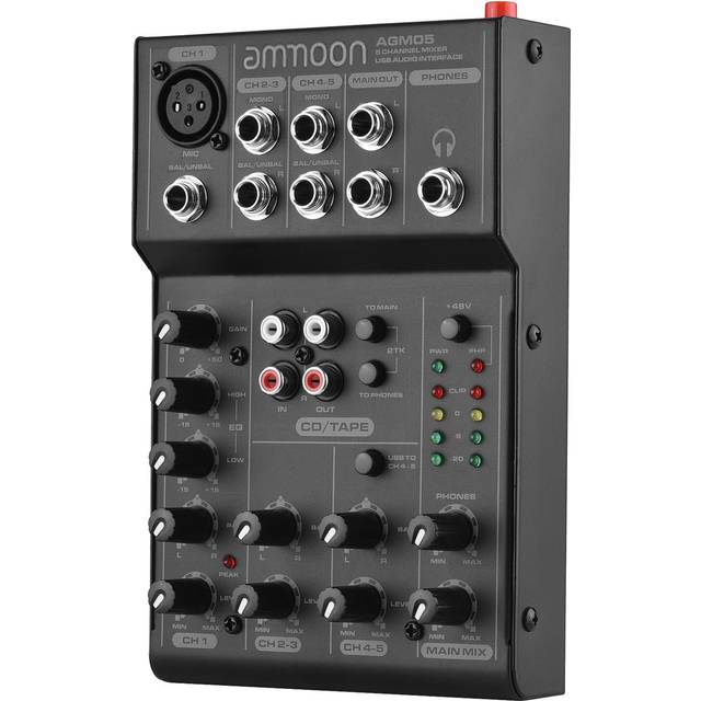 Ammoom AGM05 5-Channel Mini Mixer Mixing Console USB Audio Interface Plug-and-Play +48V Phantom svart