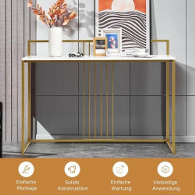 120 cm Konsolbord med Marble Look & Guld Metallram Modernt hallbord Vit