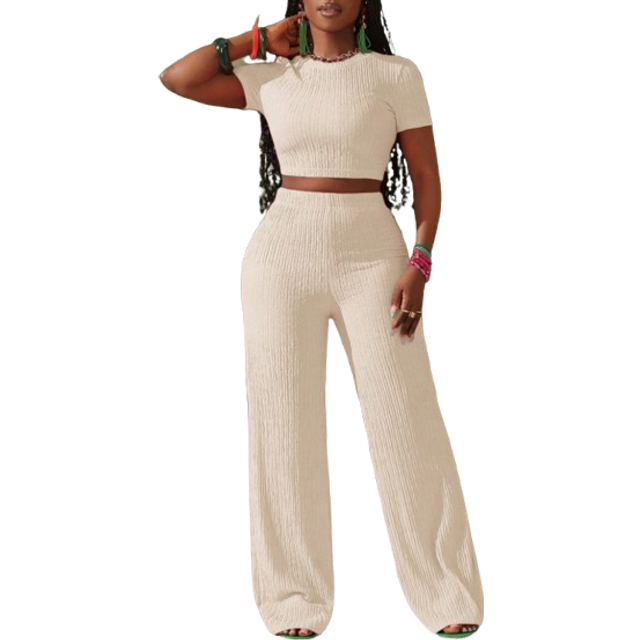 Slaydiva New Casual Basic Sports Style Spring And Summer Round Neck Short-Sleeved Truncated T-Shirt + Wide-Leg Super Long Pants Rose Red Striped Texture Knitte