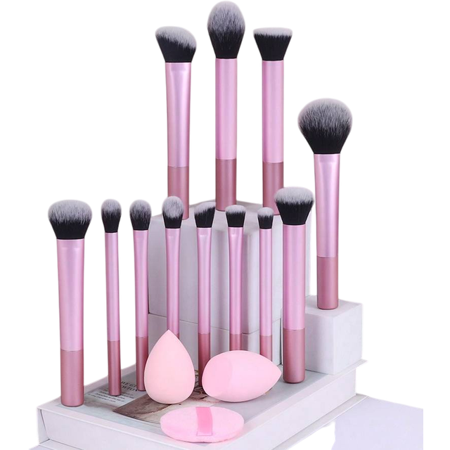 SHEIN 12pcs Multi-Functional Makeup Brush Set - Powder, Blusher, Foundation, Eyeshadow, Contour Brushes + Angled Makeup Sponge, Round Makeup Sponge, Pink Ma