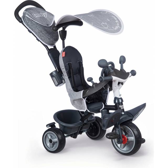 Smoby 7600741502 - Trehjuling Baby Driver Plus Grå - Multifunktionell Smoby Trehjuling med Löstagbar Tryckstång med Styrfunktion, Från 10 månader