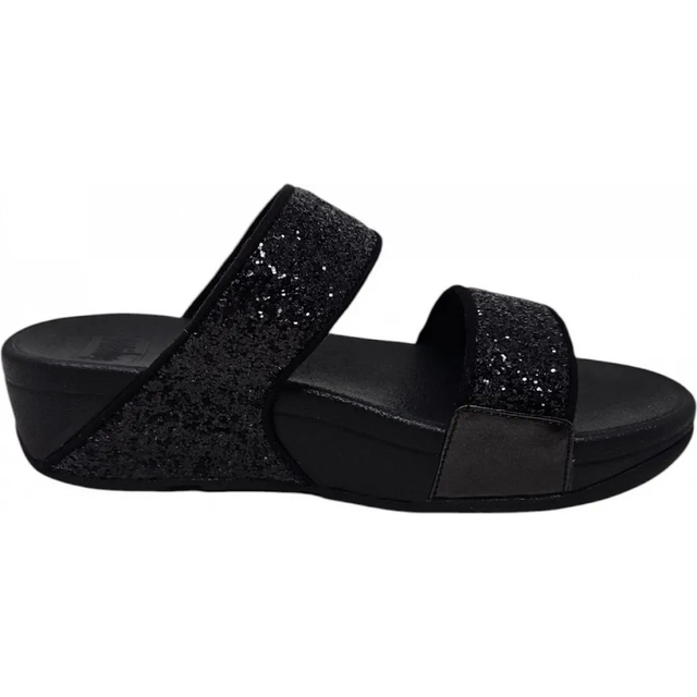 FitFlop Lulu Glitter Slides Synthetic Women's Comfort Black Glitter Sandals - Medium x UK 5.5