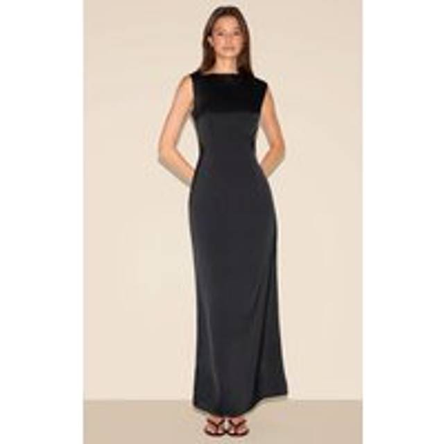 Black Bridesmaid Satin Boat Neck Maxi Dress, Black - 6