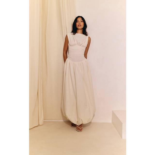 Cream Boat Neck Ruched Detail Puffball Maxi Dress, White - 4