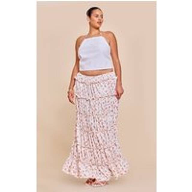 Plus Pink Ditsy Floral Print Tiered Maxi Skirt, Pink - 22