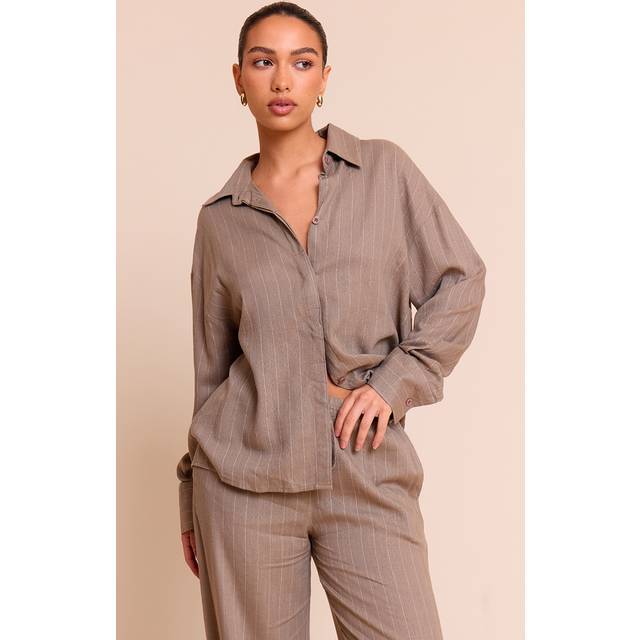 Taupe Pinstripe Oversized Long Sleeve Shirt, Brown - 6