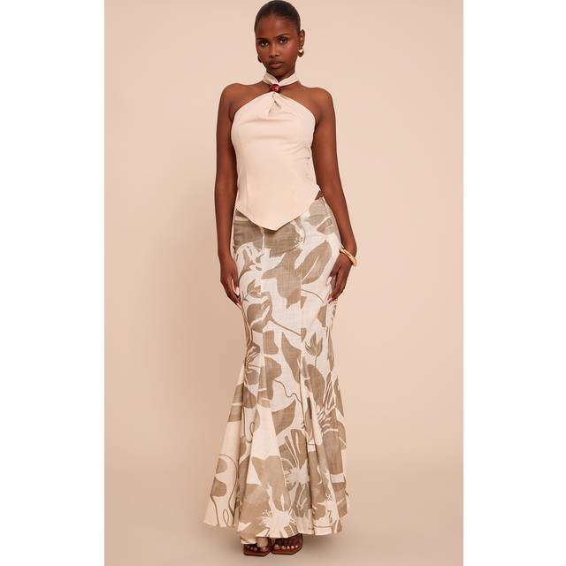 Sage Leaf Print Linen Fishtail Low Rise Maxi Skirt, Sage - 8