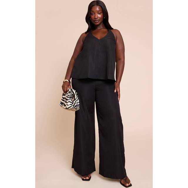 Plus Black Tailored Wide Leg Drawstring Trousers, Black - 30