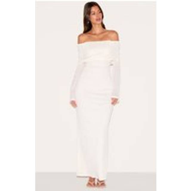 Cream Textured Bardot Foldover Maxi Dress, White - 8