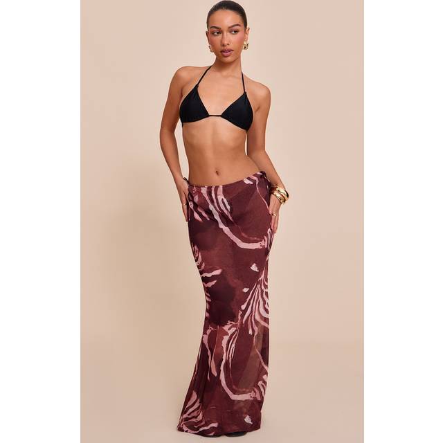 Brown Abstract Print Sheer Low Rise Maxi Skirt, Brown - 8