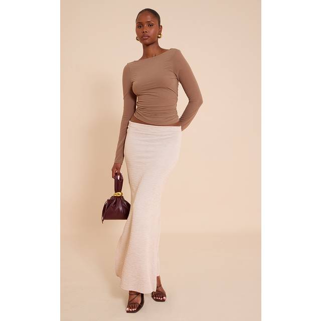 Beige Textured Jersey Mid Rise Maxi Skirt, Camel - 16
