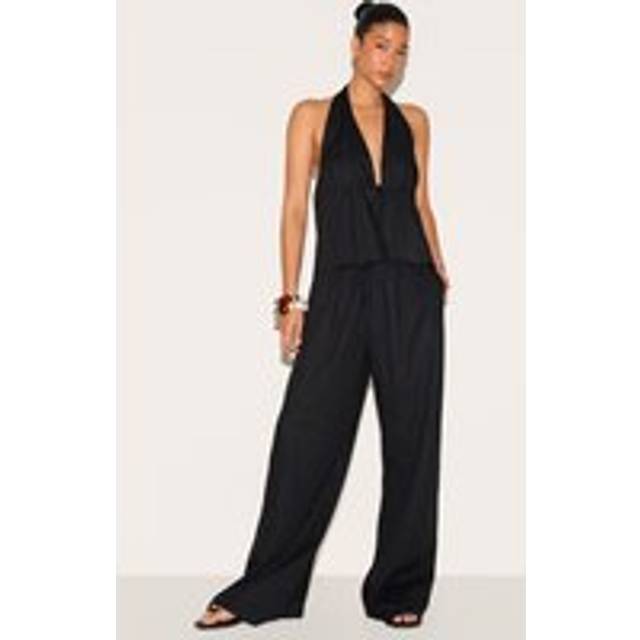 Black Linen Look Drawstring Wide Leg Trousers, Black - 4