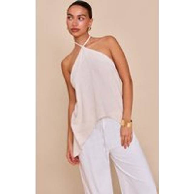 Beige Linen Look Halter Neck Flowy Top, Camel - 10