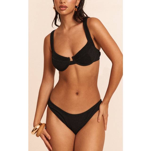 Black Mini Crinkle Tanga Bikini Bottoms, Black - 14