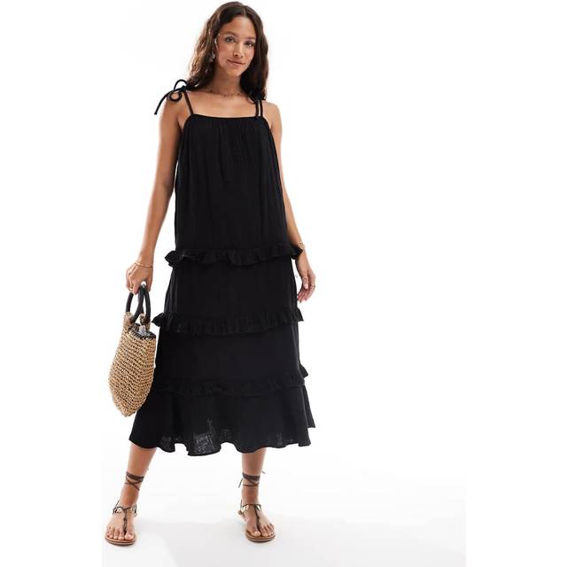 New Look Women's Black Crinkled Frilly Trim Midi Dress - UK 16