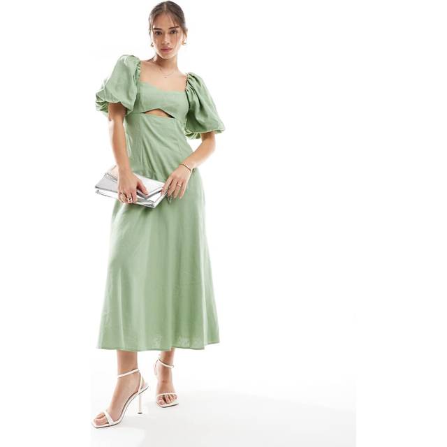 New Look Women's Light Green Linen Blend Puff Sleeve Midi Dress - UK 14