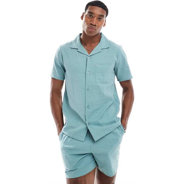 New Look Men's Blue Relaxed Seersucker Short Sleeve Shirt - XXL