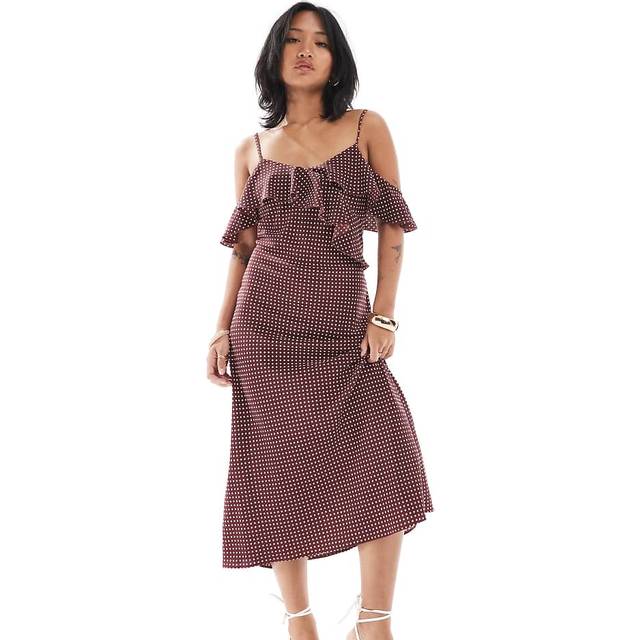New Look Women's Petite Brown Spot Print Bardot Strap Ruffle Trim Midi Dress - UK 14