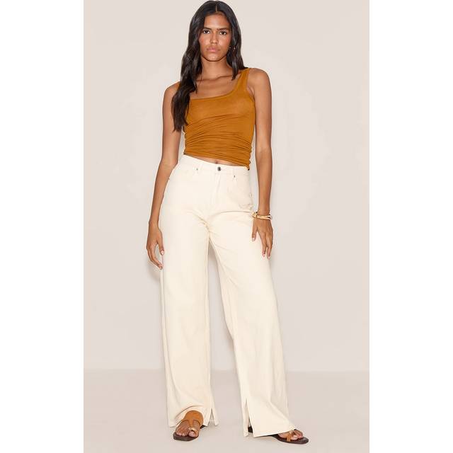 Butter Yellow High Rise Split Hem Boyfriend Jeans, Ecru - 6