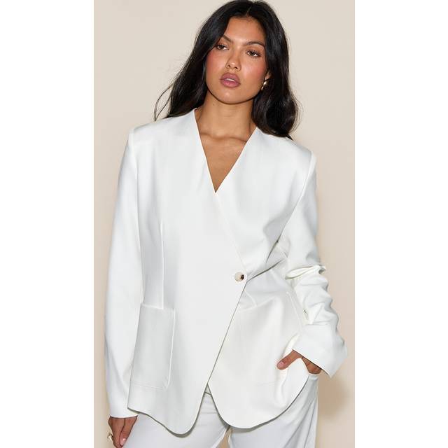 White Tailored Woven Asymmetric Blazer, White - 4