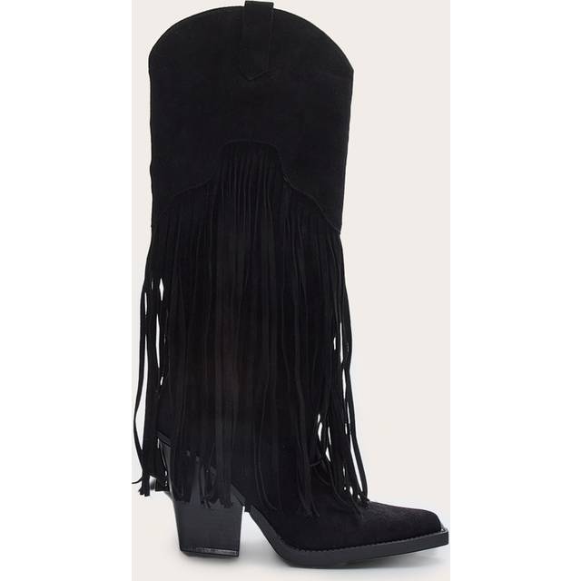 Black Faux Suede Point Toe Fringed Heel Knee High Western Boots, Black - 3