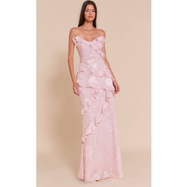 Light Pink Floral Embroidered Frill Maxi Dress, Light Pink - 10