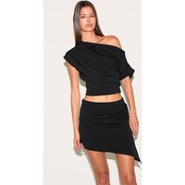 Black Woven Ruched Mid Rise Mini Skirt, Black - 4