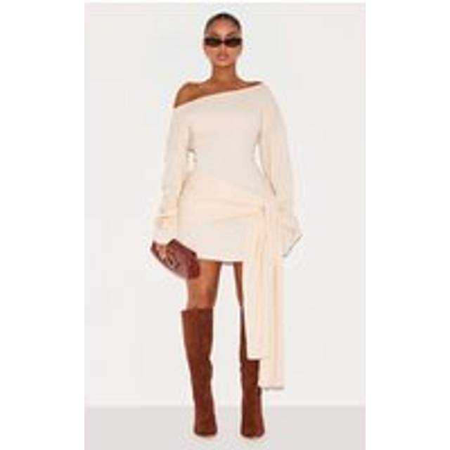 Shape Cream Brushed Rib Boat Neck Wrap Waist Mini Dress, White - 16