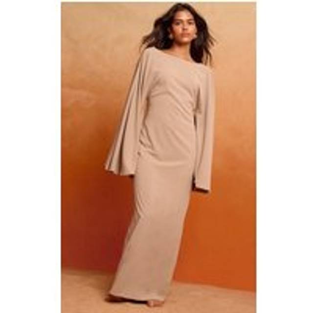 Mushroom Floaty Woven Flared Sleeve Maxi Dress, Mushroom - 4