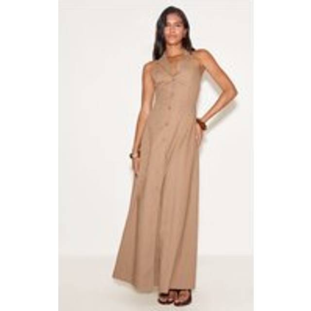 Taupe Button Down Collar Detail Maxi Dress, Brown - 12