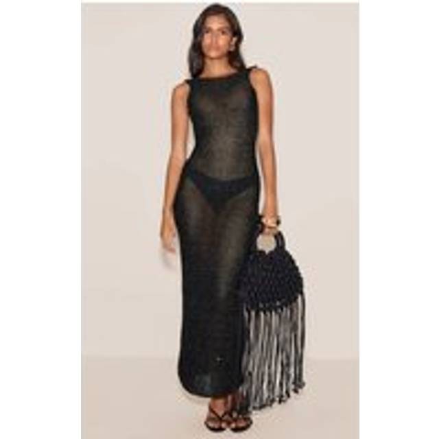 Black Sequin Knit Scoop Back Maxi Dress, Black