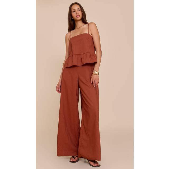 Rust Linen Blend Peplum Detail Overlay Jumpsuit, Orange - 4