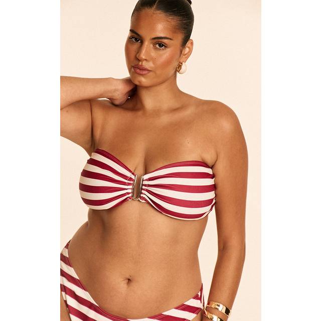 Plus Burgunday Stripe U Bar Bandeau Bikini Top, Red - 16