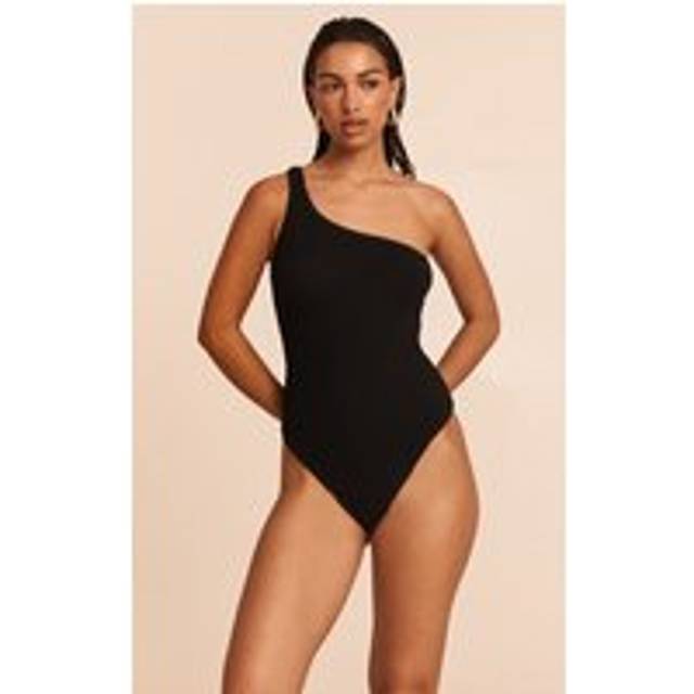 Black One Shoulder Crinkle Swimsuit, Black - M