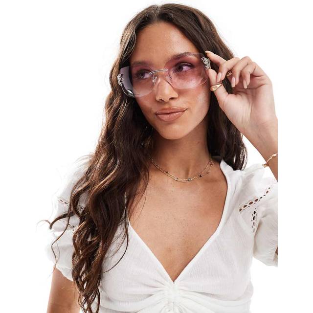 New Look Light Pink Butterfly Charm Rimless Wrap Sunglasses
