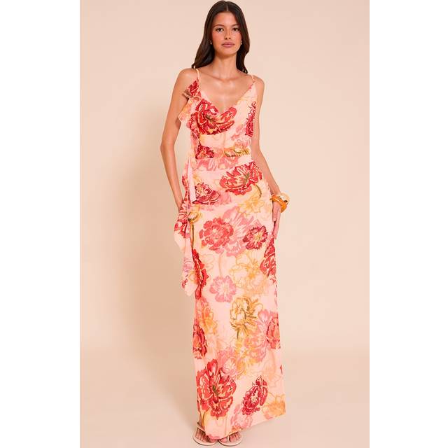 Pink Floral Printed Chiffon Strappy Frill Detail Maxi Dress, Pink - 12