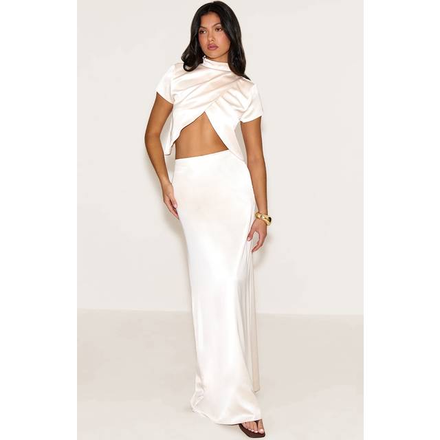 Champagne Satin Mid Rise Floaty Maxi Skirt, Yellow - 14