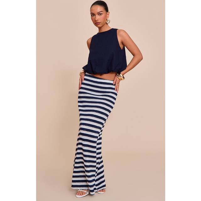 Indigo Striped Textured Jersey Maxi Skirt, Indigo - 12