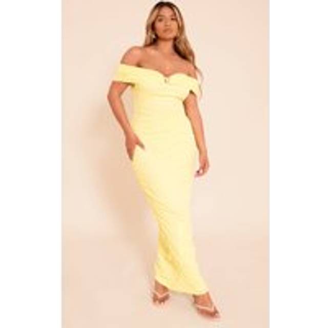 Shape Butter Yellow Mesh Bardot Gold Trim Ruched Maxi Dress, Butter Yellow - 10