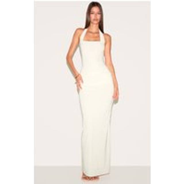 Cream Double Layer Slinky Square Halterneck Drape Detail Maxi Dress, White - 12