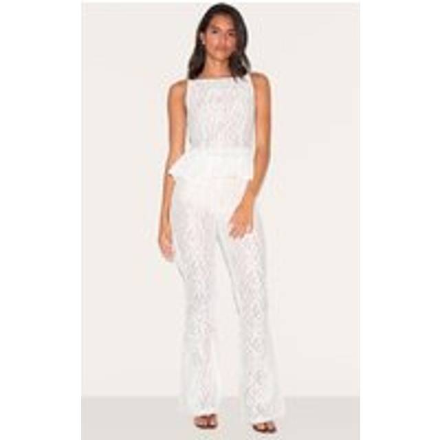 White Sheer Lace Flared Leg Trouser, White - 14
