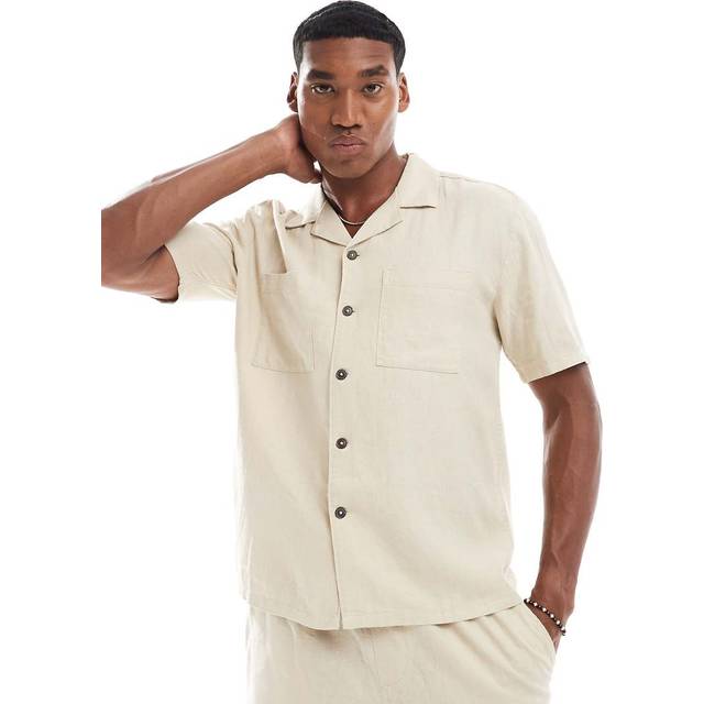New Look Men's Stone Relaxed Linen Blend Shirt - XL