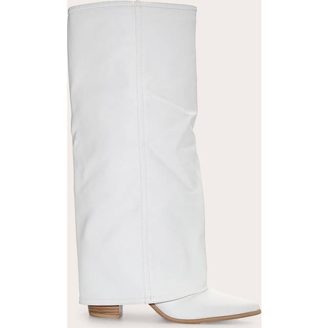 Wide Fit White Pu Fold Over Knee High Block Heel Western Boots, White - 3