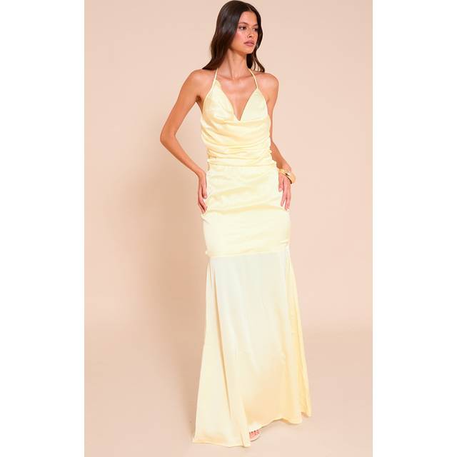 Lemon Satin Asymetric Drape Maxi Dress, Lemon - 12