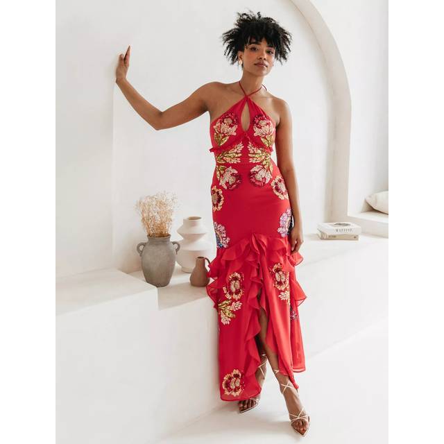 Maya Deluxe Floral Print Embellished Halterneck Maxi Dress
