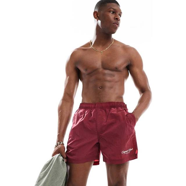 Jack & Jones Men's Red Crinkle Embroidered Swim Shorts New Look - L
