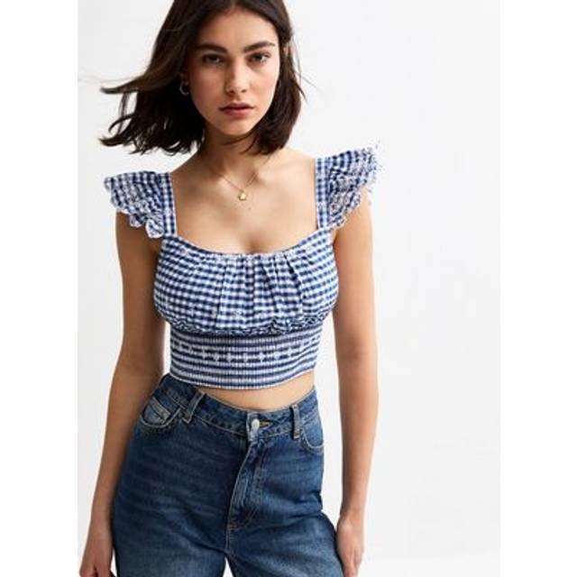 New Look Women's Blue Checked Broderie Anglaise Cropped Top - UK 16