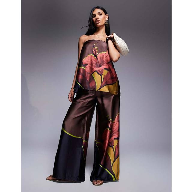 River Island Womens Brown Floral Printed Wide Leg Beach Trousers - XS